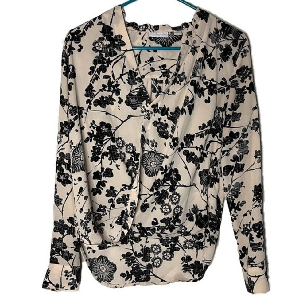 New York & Company Sheer Pink and Black Floral Blouse Size XSmall‎